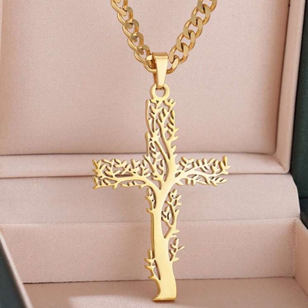 Elegant Silver Tree Cross Pendant Necklace